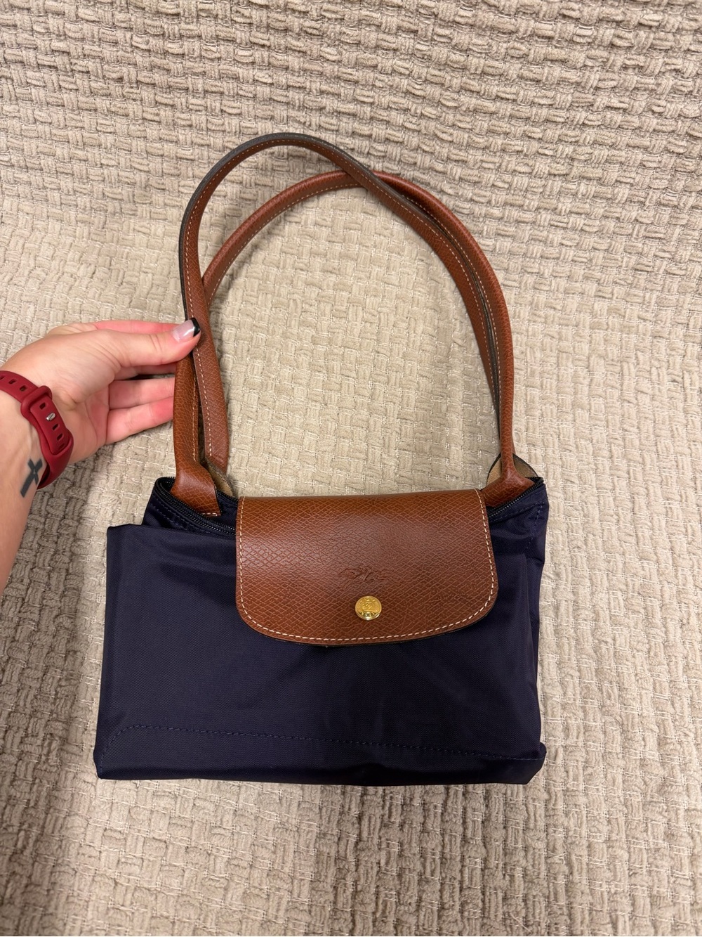 Longchamp Dark Purple Nylon Shoulder Bag with Brown Leather Trim